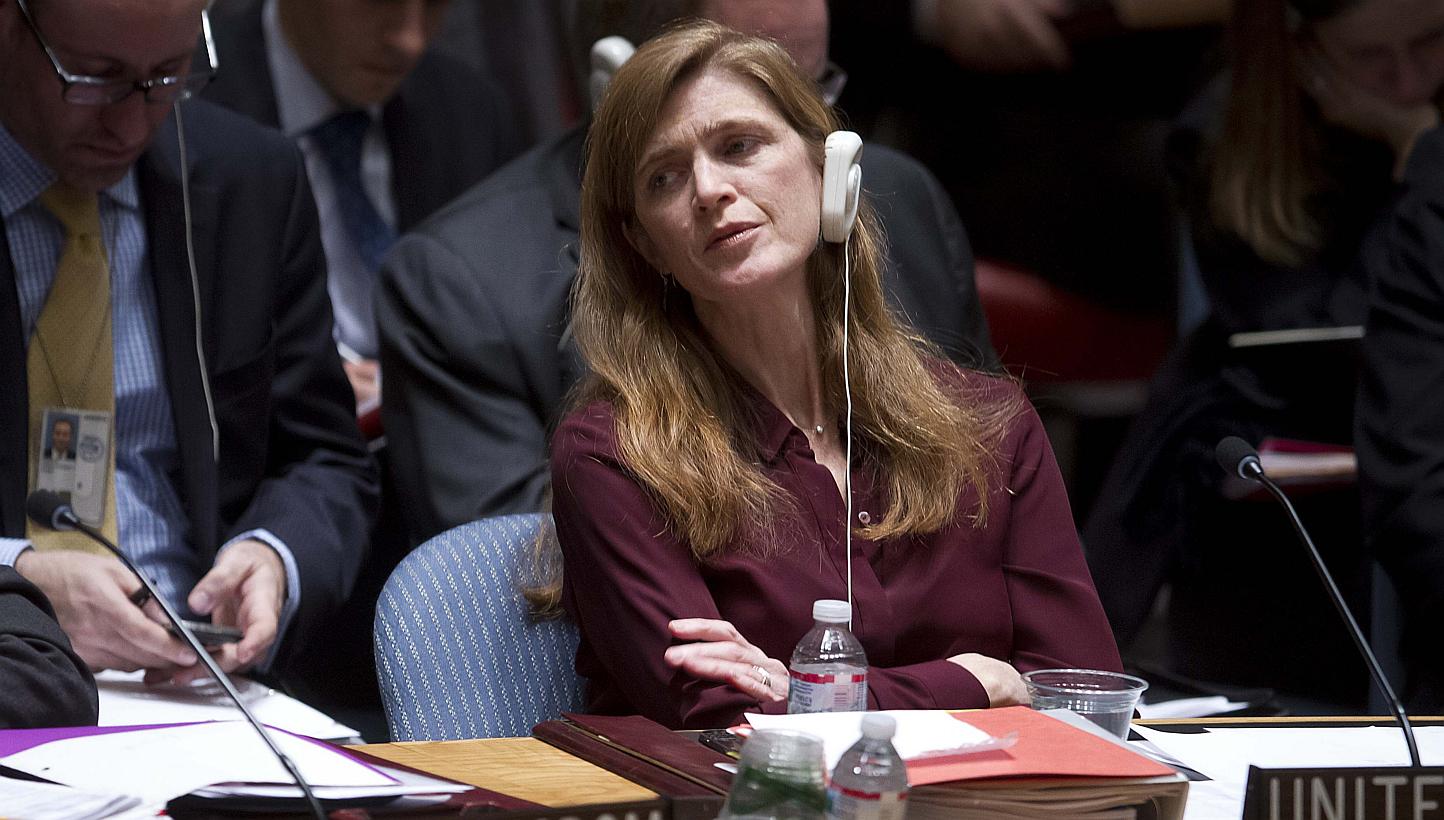 United States Ambassador to the United Nations Samantha Power listens during a meeting of the Security Council at the United Nations on Feb 17. -- PHOTO: REUTERS
