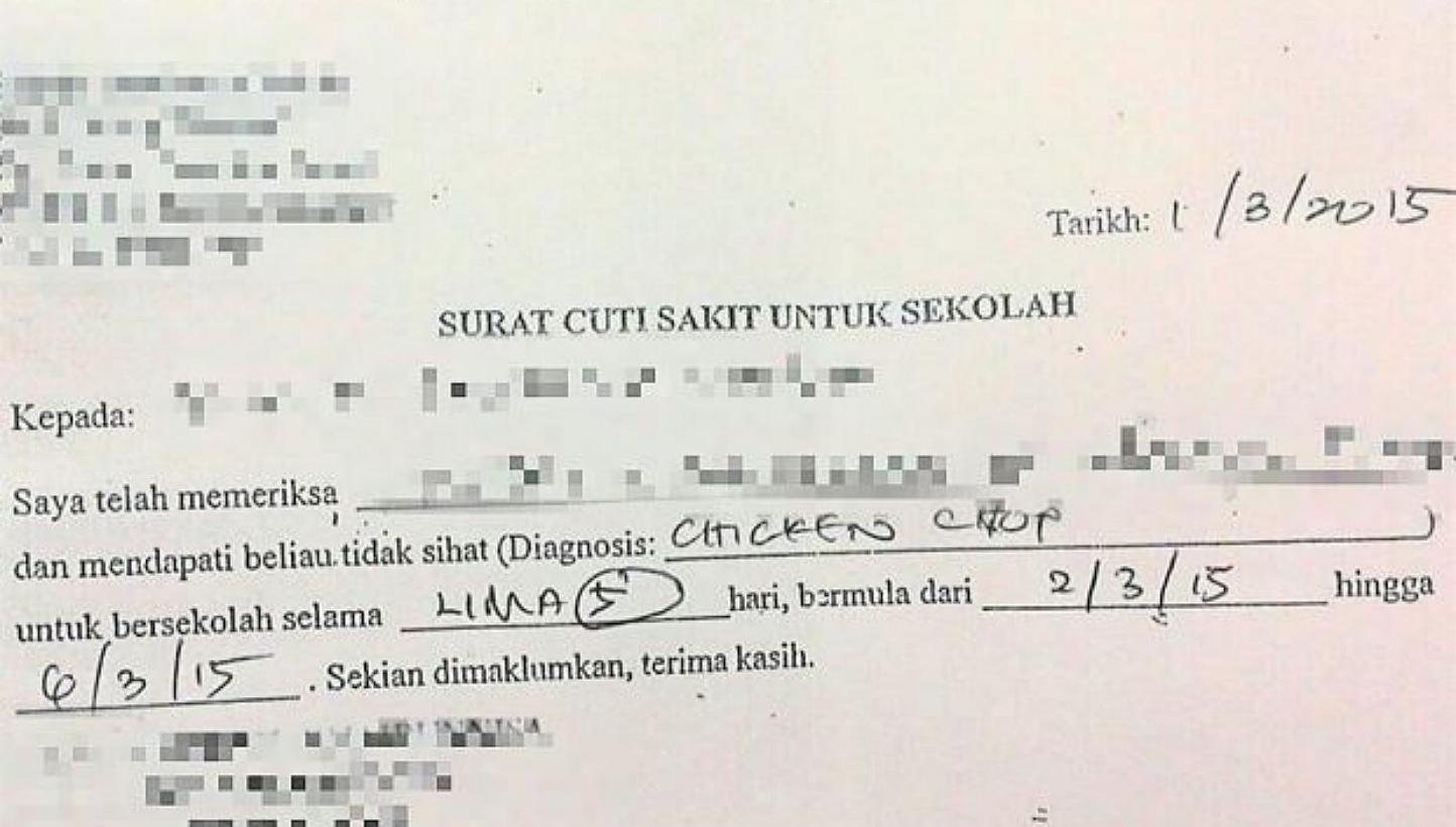 A clinic in Malaysia has diagnosed a student as suffering from "chicken chop" in a blunder that has caused much amusement and embarassment. -- PHOTO: THE STAR/ASIA NEWS NETWORK