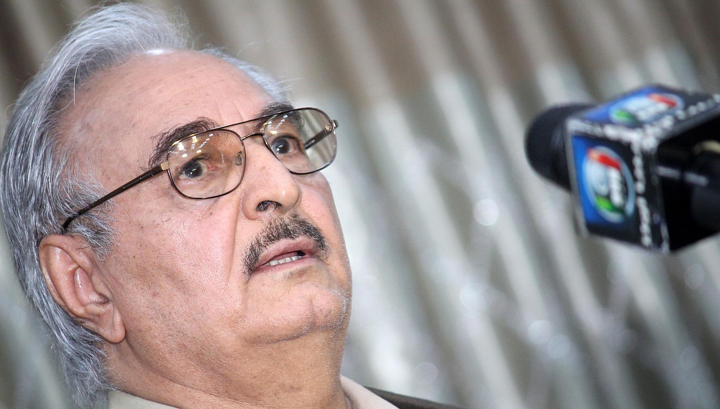 A file picture taken on May 17 last year shows then retired Libyan Army general Khalifa Haftar speaking during a press conference in the town of Abyar, 70 km southwest of Benghazi. -- PHOTO: AFP&nbsp;
