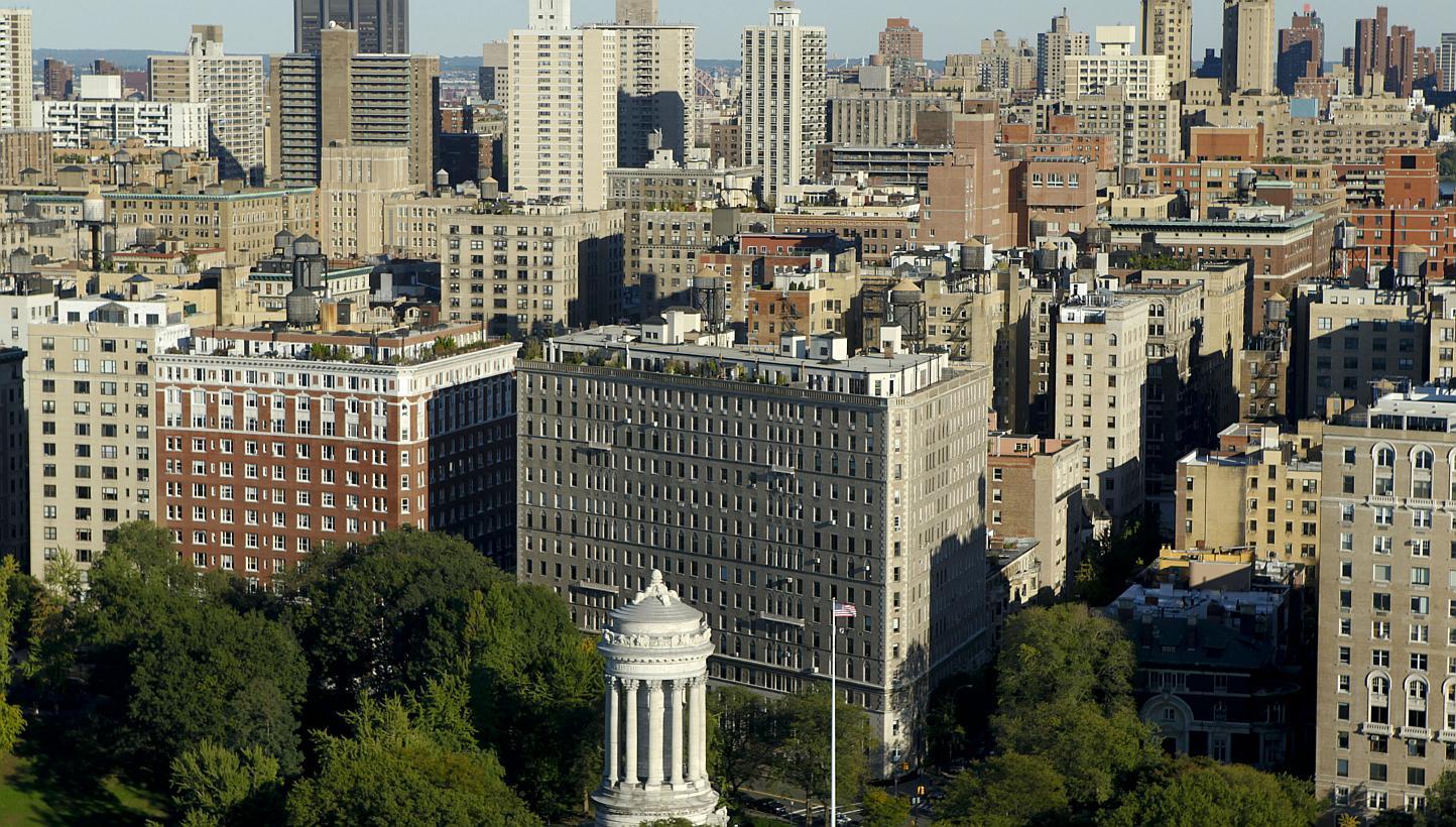 Residential properties on the Upper West Side of Manhattan, New York, are seen in this 2010 aerial file photo.&nbsp;&nbsp;A luxurious New York apartment furnished with bullet-proof panic rooms and a sushi island bar is on the market for an eye-wateri