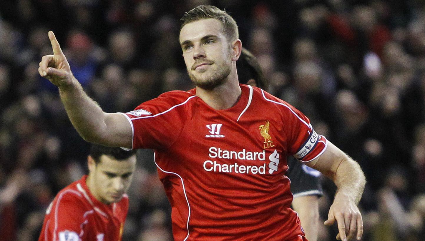 Jordan Henderson celebrates after scoring the first goal for Liverpool during their English Premier League match against Burnley at Anfield&nbsp;on March 4, 2015.&nbsp;Reds manager Brendan Rodgers said Henderson could aspire to reach an even higher l