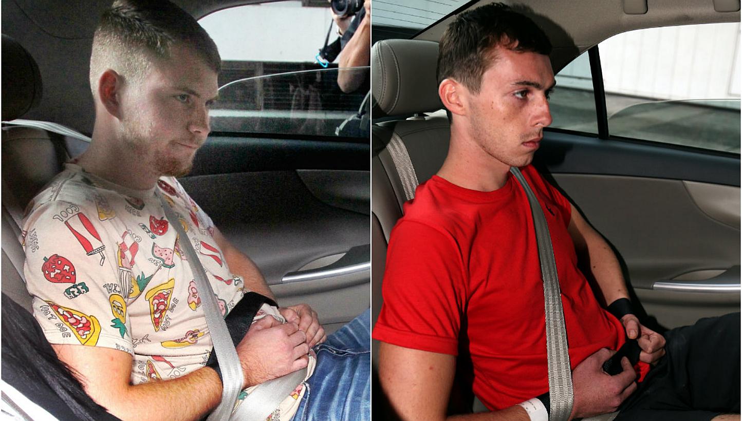 Elton Hinz (left), 21, and Andreas Von Knorre (right), 22, were charged with entering Bishan SMRT depot, a protected place, without authorisation three times on Nov 6, 7 and 8 last year. They pleaded guilty on March 5, 2015. -- PHOTO: SHIN MIN D