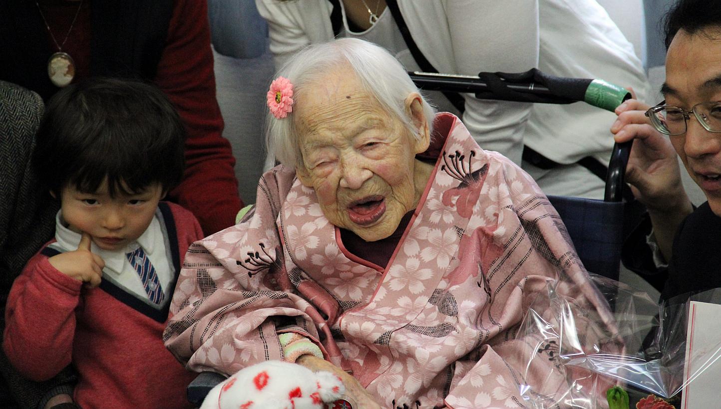 The world's oldest person, Misao Okawa, at a nursing home in Osaka on March 4, 2015, the eve of her 117th birthday. -- PHOTO: EPA