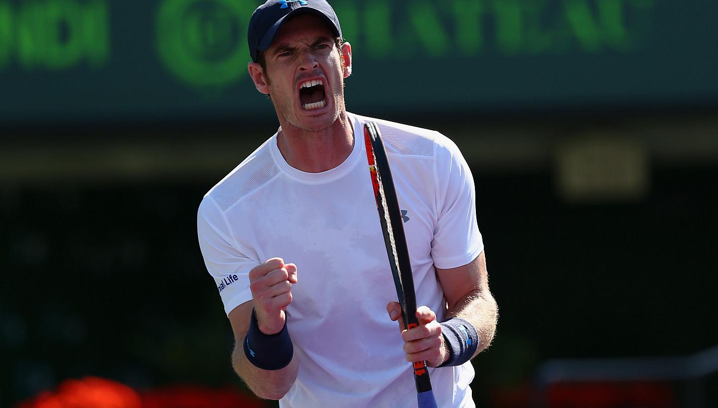 Andy Murray of Great Britain celebrates a point against Kevin Anderson of South Africa in their fourth round match at the Miami Open &nbsp;on March 31, 2015. &nbsp;Murray won the 500th match in his career after beating Kevin Anderson 6-4 3-6 6-3 on T