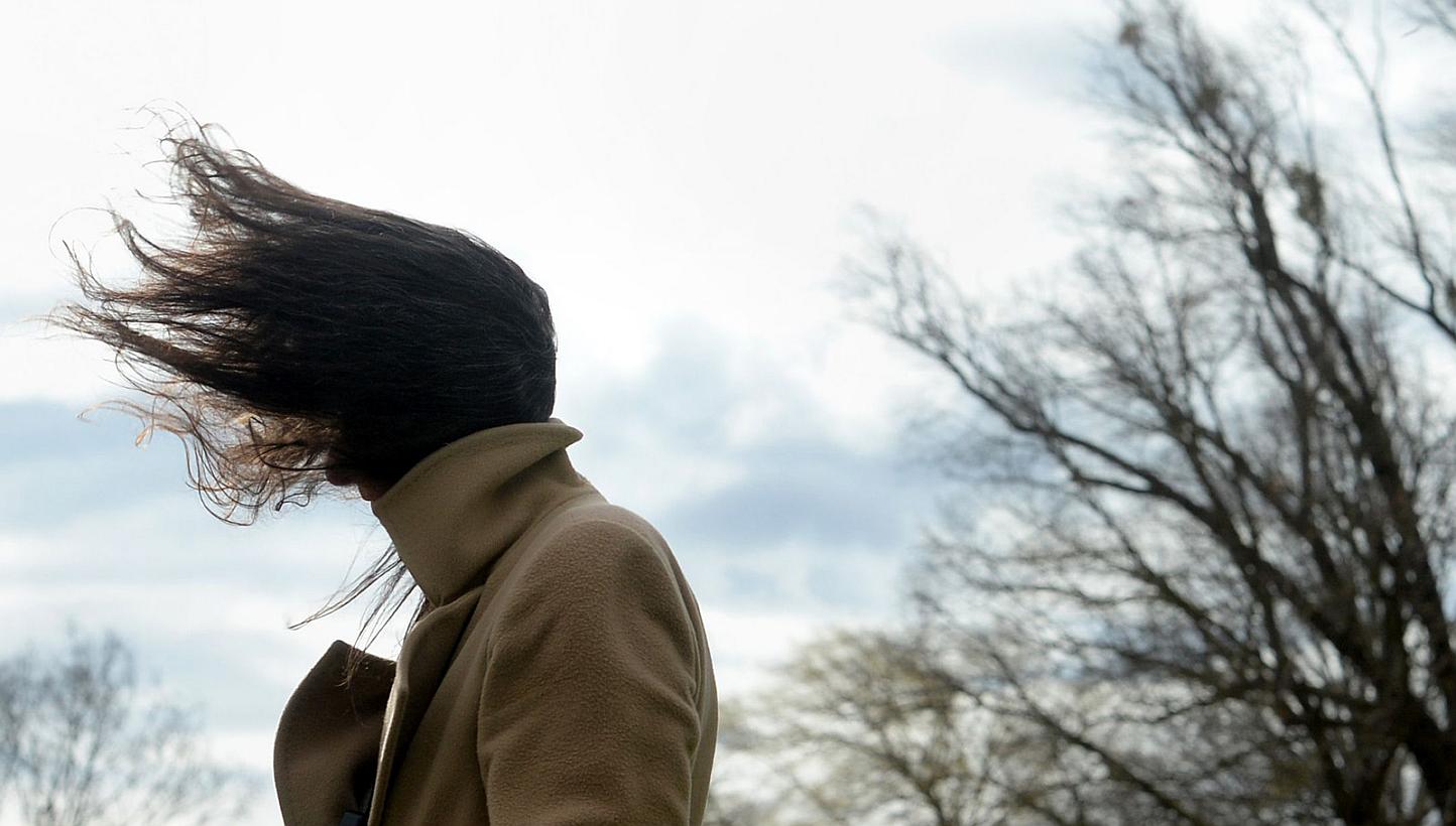 A woman has her hair fluttering in the wind during stormy weather near the lake Ammersee in the small Bavarian village of Herrsching, southern Germany, on Mar 31, 2015. Storm front "Niklas" sweeping over the whole country reaches a speed of 140 kilom
