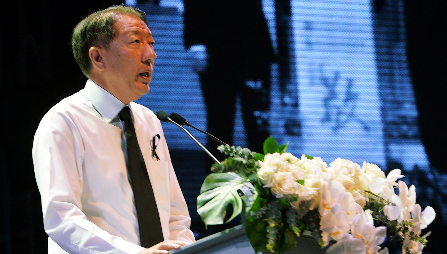 Deputy Prime Minister Teo Chee Hean speaking at a tribute event at the Kallang Theatre on March 27, 2015. At the annual dinner of the Administrative Service, DPM Teo said former prime minister Lee Kuan Yew's "commitment to clean government is legenda