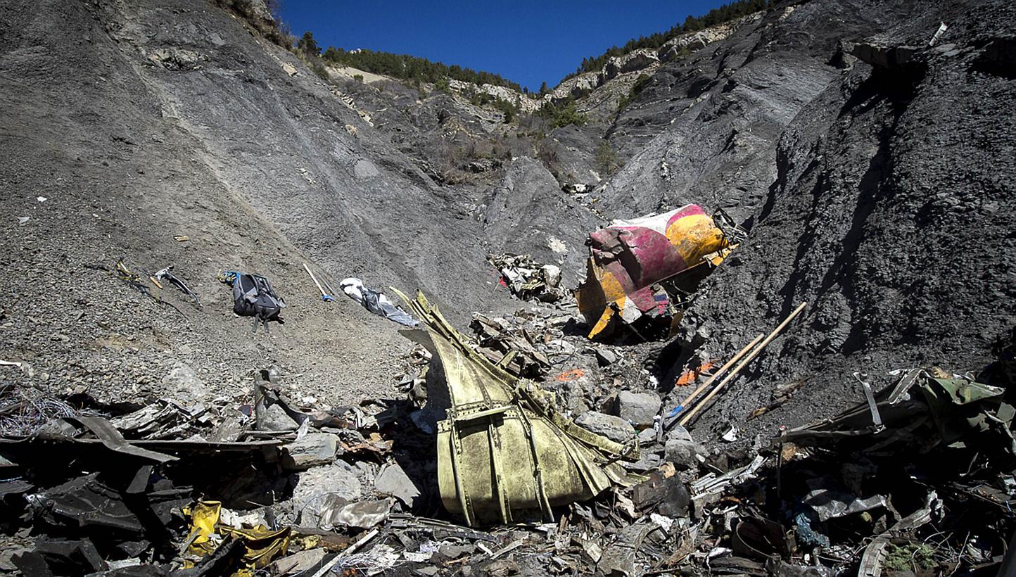 A part of the crash site of the Germanwings Airbus A320 near Le Vernet, French Alps. -- PHOTO: AFP/YVES MALENFER/DICOM/MINISTERE DE L'INTERIEUR&nbsp;
