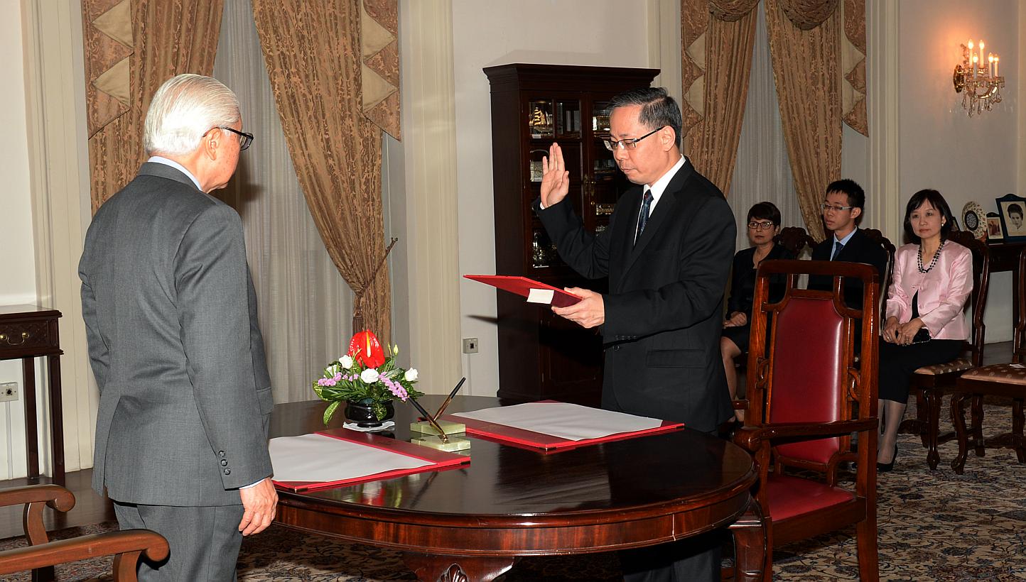 Former Registrar of the Supreme Court, Mr Foo Chee Hock has been appointed by President Tony Tan Keng Yam as Judicial Commissioner of the High Court at a swearing-in ceremony at the Istana on April 02, 2015. -- ST PHOTO: AZIZ HUSSIN 