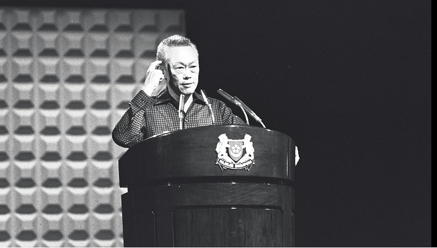 Prime Minister Lee Kuan Yew speaking at the 1982 National Day Rally at the National Theatre. -- PHOTO: ST FILE