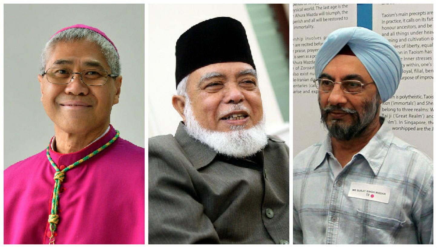 (From left) Archbishop William Goh, former mufti Shaikh Syed Isa Mohamed Semait and Sikh Advisory Board chairman Surjit Singh have been appointed as new members of the Presidential Council for Minority Rights. -- PHOTOS: ST FILE, BERITA HARIAN 
