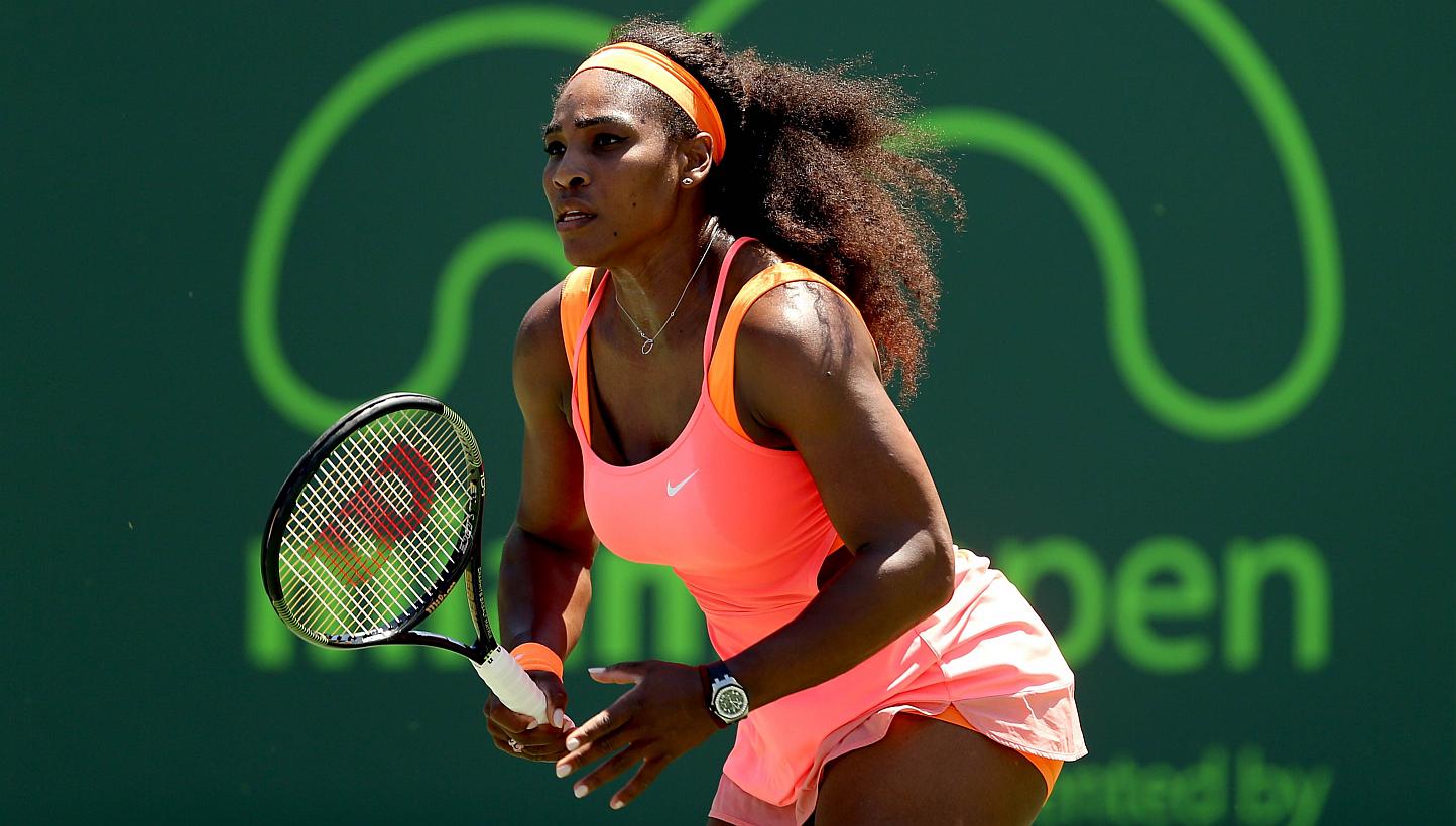 Serena Williams plays Sabine Lisiki of Germany at the Miami Open on April 1, 2015. Williams booked her semi-final berth at Miami on Wednesday with the 700th match win of her career.&nbsp;-- PHOTO: AFP