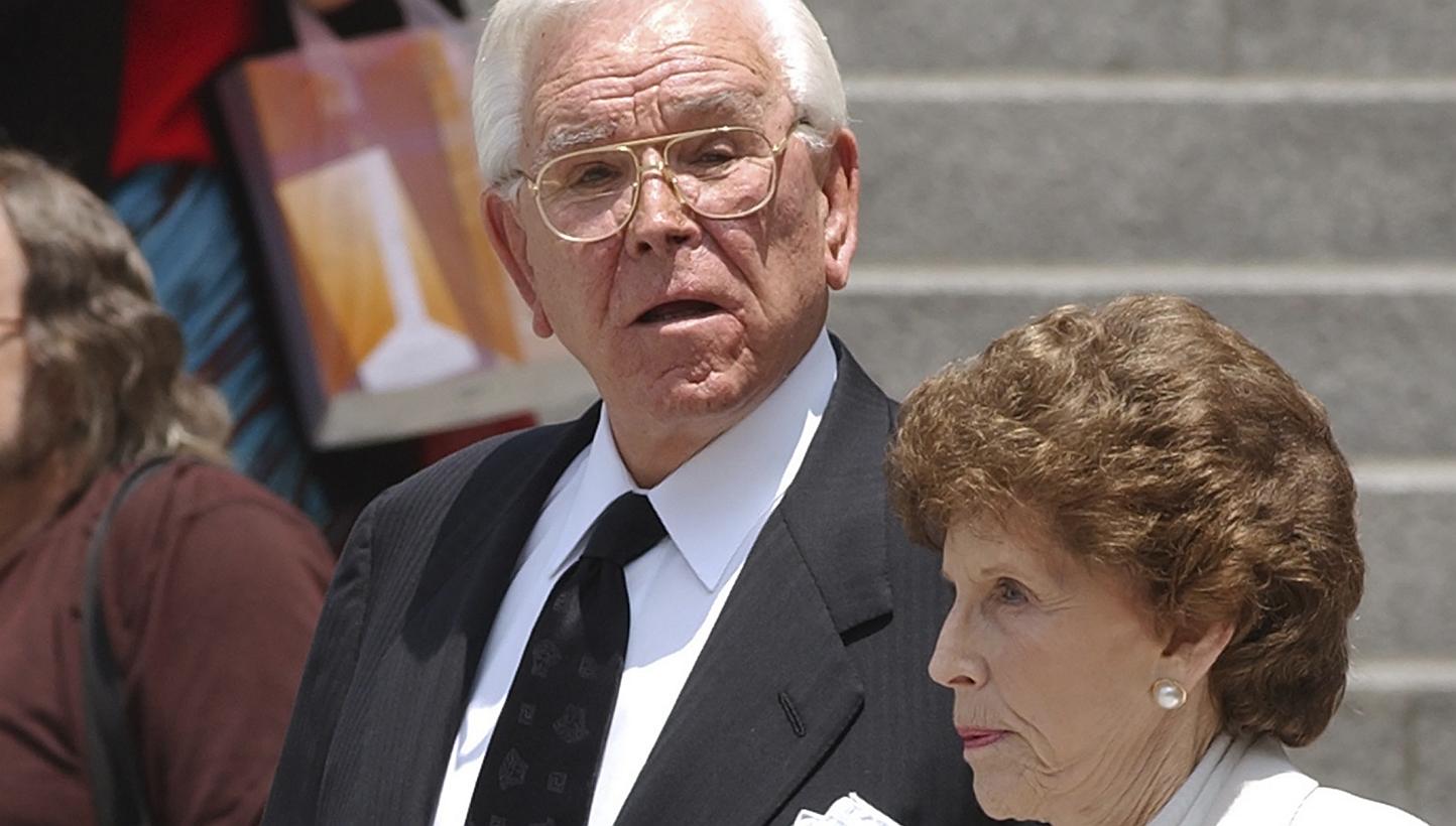 Televangelist Robert Schuller and his wife Arvella arrive for a memorial service for the late actor Gregory Peck in Los Angeles, in this file photo taken June 16, 2003. Schuller, known worldwide for his weekly Hour Of Power broadcasts, died in Southe