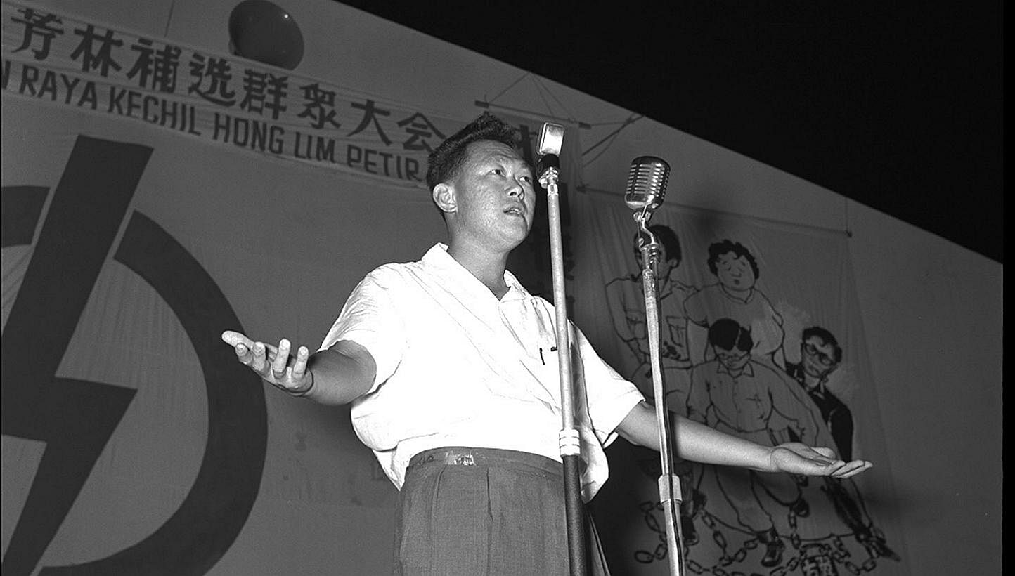 Mr Lee Kuan Yew at an election rally in 1961. He sought to educate his people to appreciate how enriching a plural society could be, and to get them to understand the necessity to establish a multiracial and multilingual state. -- PHOTO: ST FILE PHOT