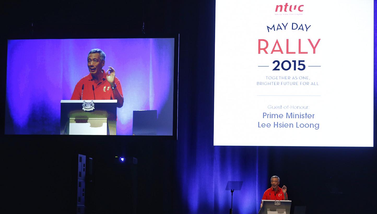 Prime Minister Lee Hsien Loong addressing some 4,000 union leaders, key representatives from the Labour Movement and tripartite partners at the National Trades Union Congress (NTUC) May Day Rally on May 1, 2015. -- PHOTO: KEVIN LIM