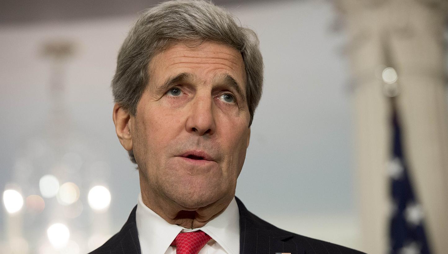 US Secretary of State John Kerry speaking prior to meetings with Dutch Foreign Minister Bert Koenders at the State Department in Washington DC, on April 30, 2015. -- PHOTO: AFP