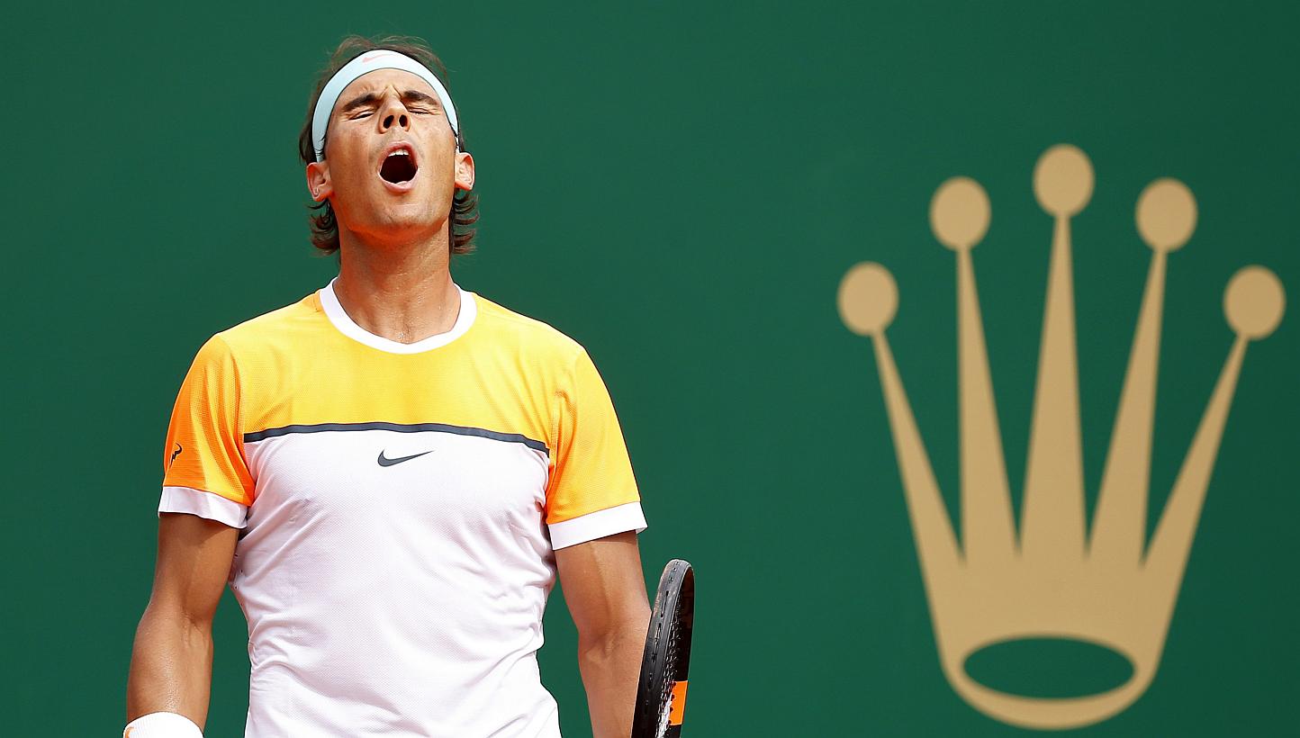 Rafael Nadal of Spain reacts during his semi-final match against Novak Djokovic of Serbia at the Monte-Carlo Masters April 18,2015. -- PHOTO: EPA