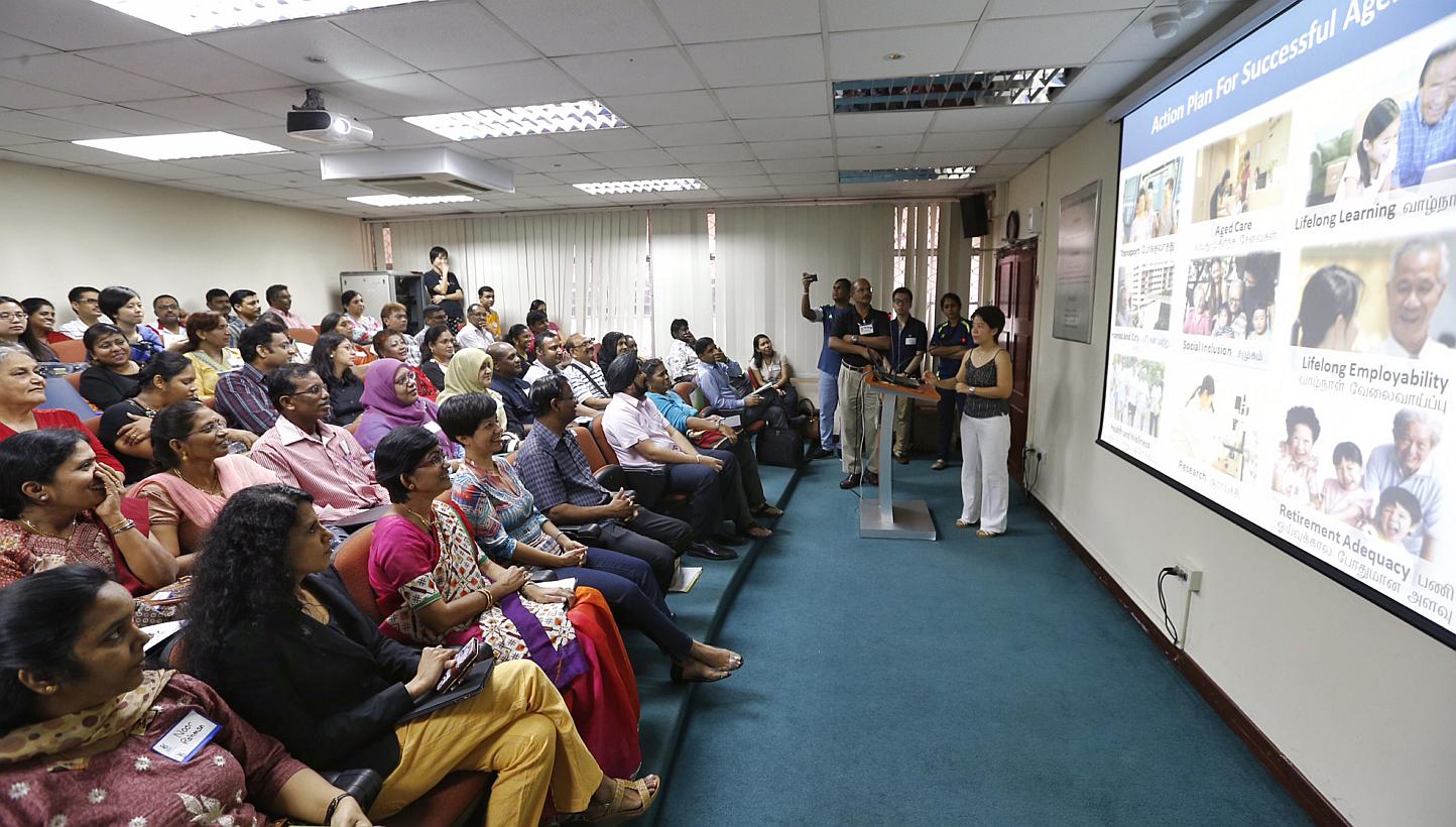 Around 65 members of the Indian community met on Saturday morning to discuss active ageing at the Singapore Indian Development Association (Sinda) building at Beatty Road. -- ST PHOTO: KEVIN LIM