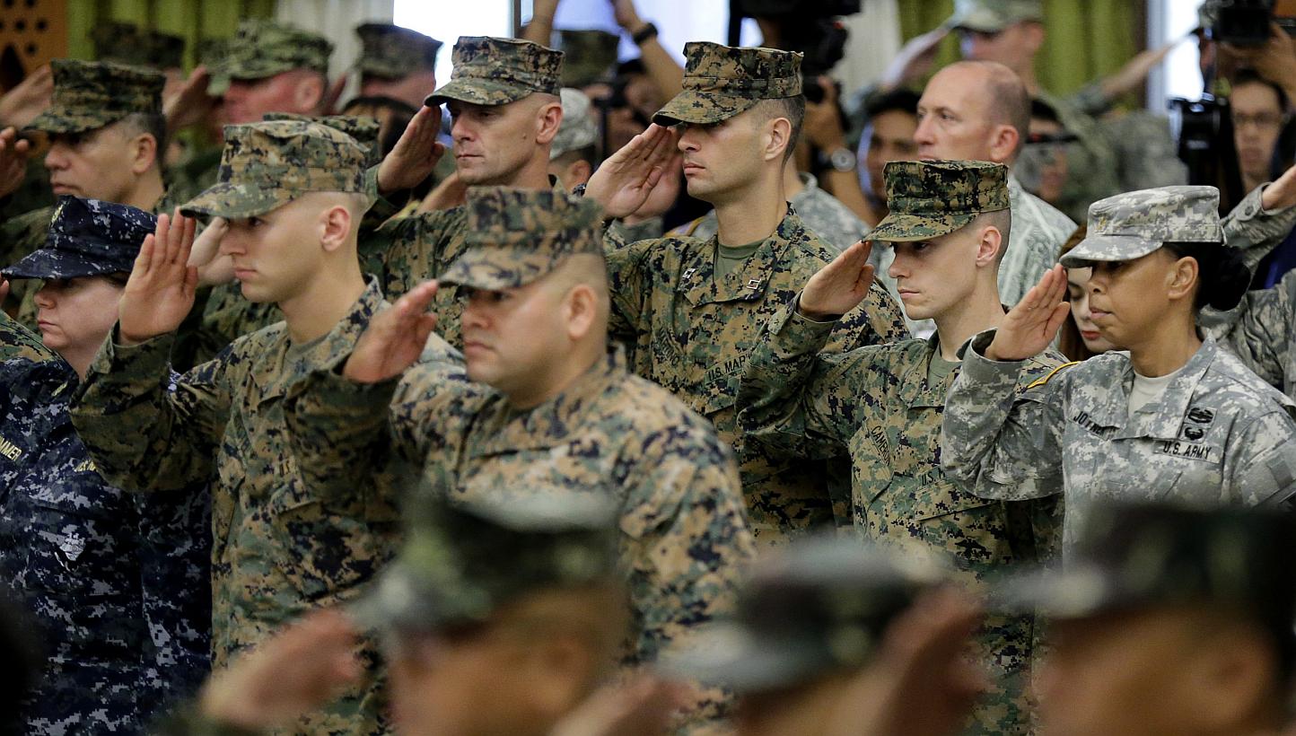United States military troops join counterparts from the Philippines for opening rites of the Philippines-US Exercise Balikatan in Quezon City, east of Manila, in the Philippines, on April 20, 2015.&nbsp;Sexual assault in the US military declined ove