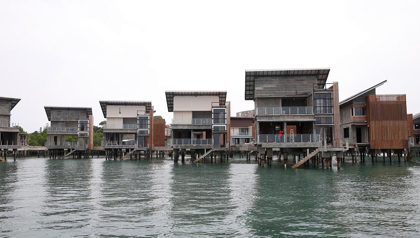 Bungalows being built over the sea off Batam that are part of a Funtasy Island Development project.
