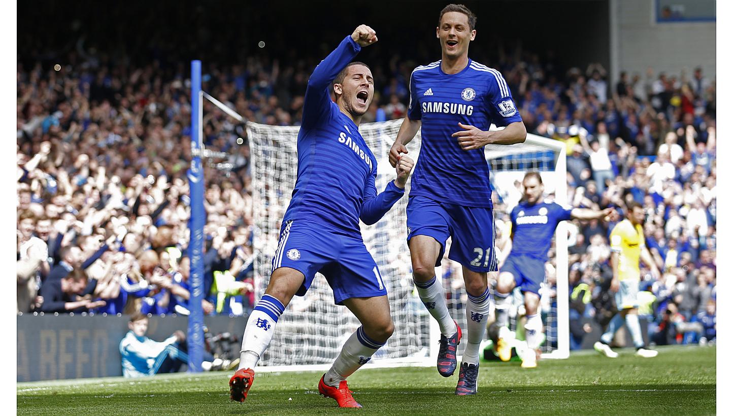 Eden Hazard celebrates after scoring the first goal for Chelsea. The English football club bagged a fourth English Premier League title with three more games to go on Sunday. -- PHOTO: REUTERS&nbsp;