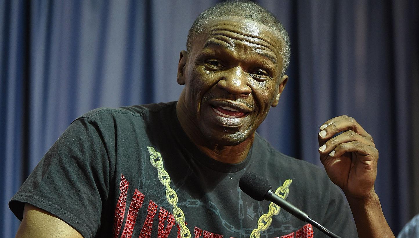 WBC/WBA welterweight champion Floyd Mayweather Jr's. trainer and father Floyd Mayweather Sr. speaks during a news conference ahead of the unification fight between his son and WBO welterweight champion Manny Pacquiao at MGM Grand Hotel &amp; Casino o