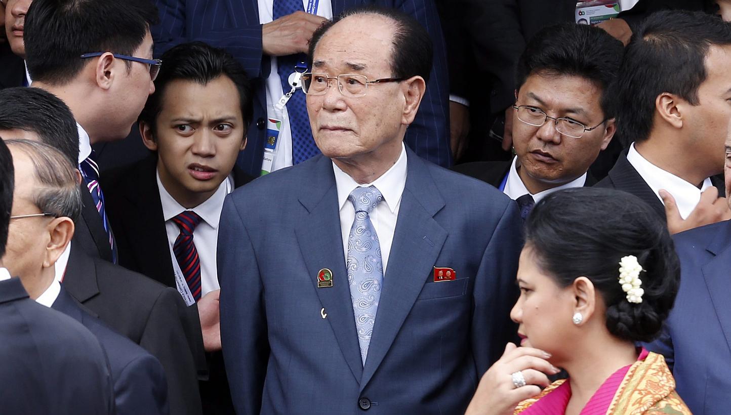 North Korea's Chairman of the Supreme People's Assembly, Kim Yong Nam (centre) walks out of Gedung Merdeka shortly after the reenactment of the historic walk from 1955 along Asia Africa Street marking the 60th Asian African Conference Commemoration i