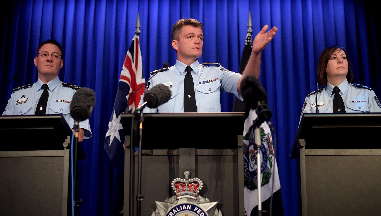(Left to right) Australian Federal Police (AFP) Deputy Commissioner Michael Phelan, AFP Commissioner Andrew Colvin and Deputy Commissioner Leanne Close speak to the media during a press conference in Canberra, Australia, on May 4, 2015. -- PHOTO: EPA