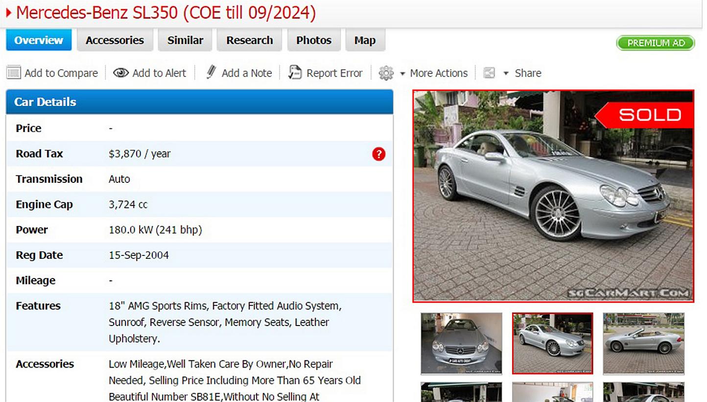 A screenshot of an ad for a Mercedes Benz SL350 that is currently under legal dispute between the Tan family and used-car dealer David Peh of Fivespeed Motor Trading. Mr Peh said the Tans sold the car to him and is suing the Tans for money owing to h
