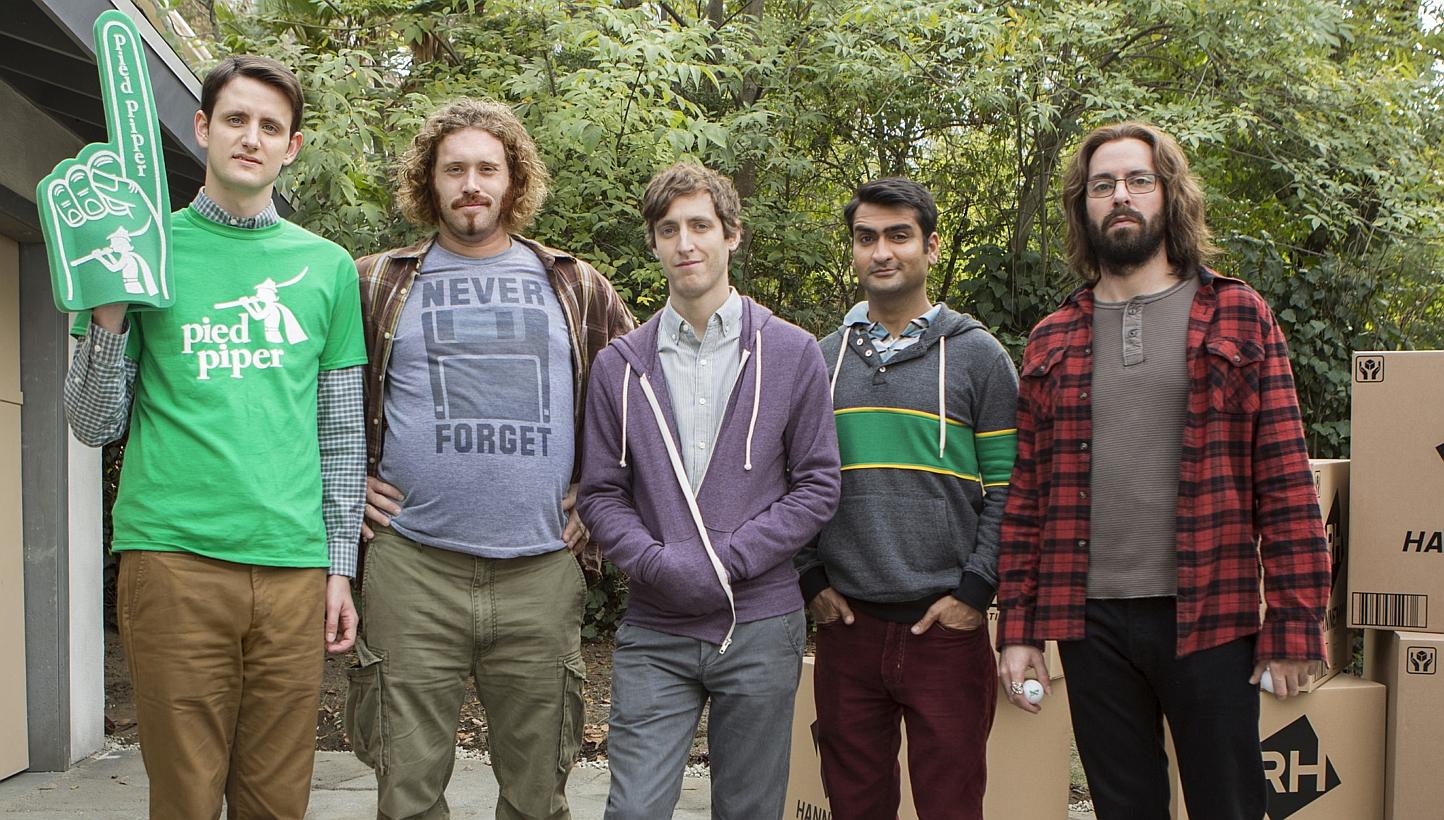 Thomas Middleditch (centre) with (from left) Zach Woods, T.J. Miller, Kumail Nanjiani and Martin Starr in Silicon Valley. -- PHOTO: HBO ASIA