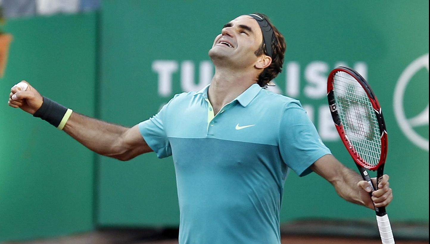 Roger Federer of Switzerland celebrates after winning Pablo Cuevas of Uruguay during the final match at the TEB BNP Paribas Istanbul Open tennis Tournament in Istanbul, Turkey on Sunday.-- PHOTO: EPA