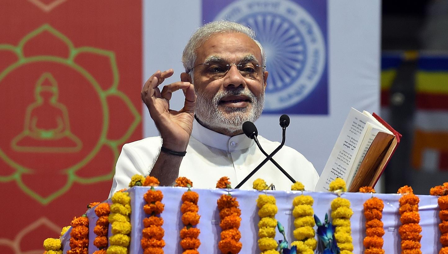 Indian Prime Minister Narendra Modi delivering a speech during International Buddha Poornima Diwas celebrations in New Delhi on May 4, 2015. Mr Modi attracted thousands of Internet users on Monday by opening an account on one of China's most popular 
