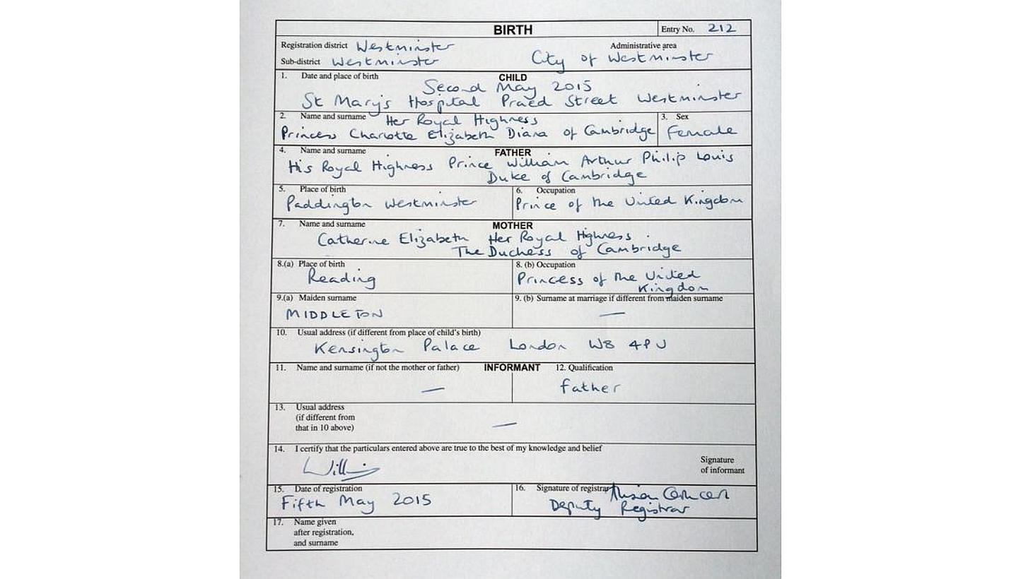 Birth certificate of Princess Charlotte Elizabeth Diana. -- PHOTO: KENSINGTON ROYAL / TWITTER &nbsp;