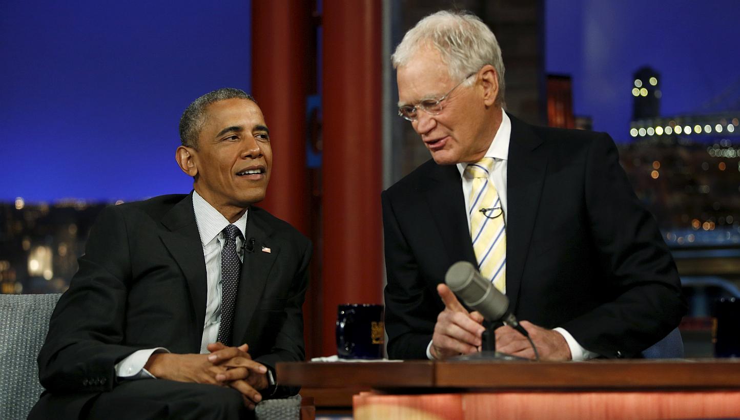 U.S. President Barack Obama tapes an appearance on the Late Show with David Letterman at the Ed Sullivan Theater in New York on May 4, 2015. -- PHOTO: REUTERS