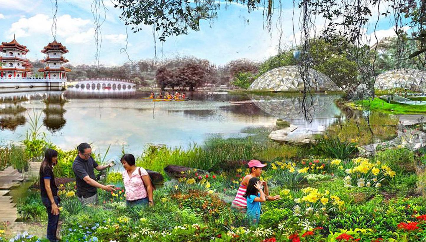 Artist's impression of the new Jurong Lake Gardens. Developments in Jurong include the the Singapore-Kuala Lumpur high-speed rail terminus, the Jurong Lake Gardens, a new science centre, and other commercial and residential developments. -- PHOTO: NP