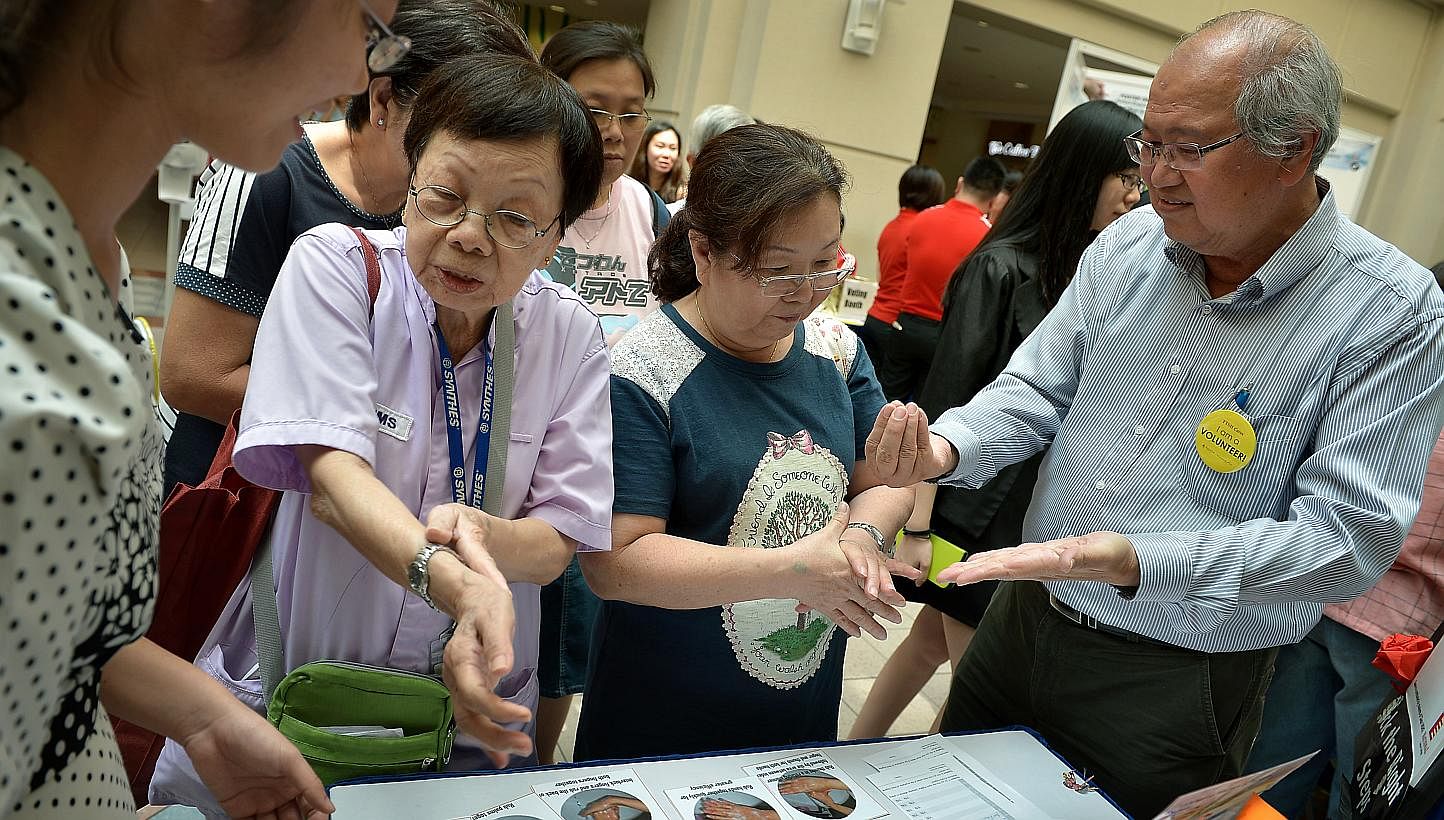 In conjunction with the World Hand Hygiene Day, Tan Tock Seng Hospital (TTSH) is teaming up with its patient leaders and volunteers to co-create a safer environment for its patients.&nbsp;-- ST PHOTO: KUA CHEE SIONG