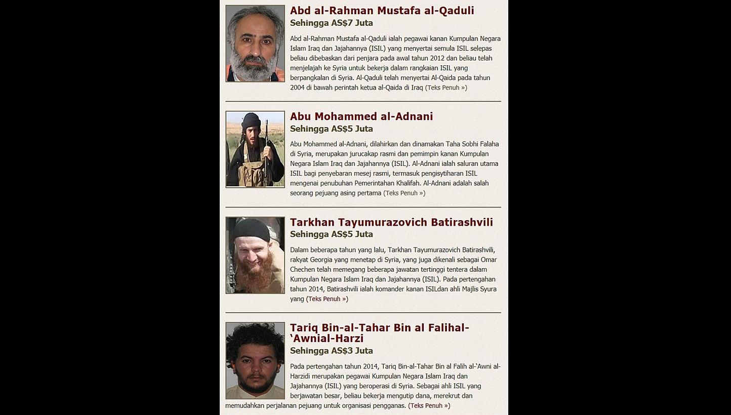 This combination of images provided Tuesday by the US Department of State's Rewards for Justice Program shows key leaders of ISIS. -- PHOTO: AFP