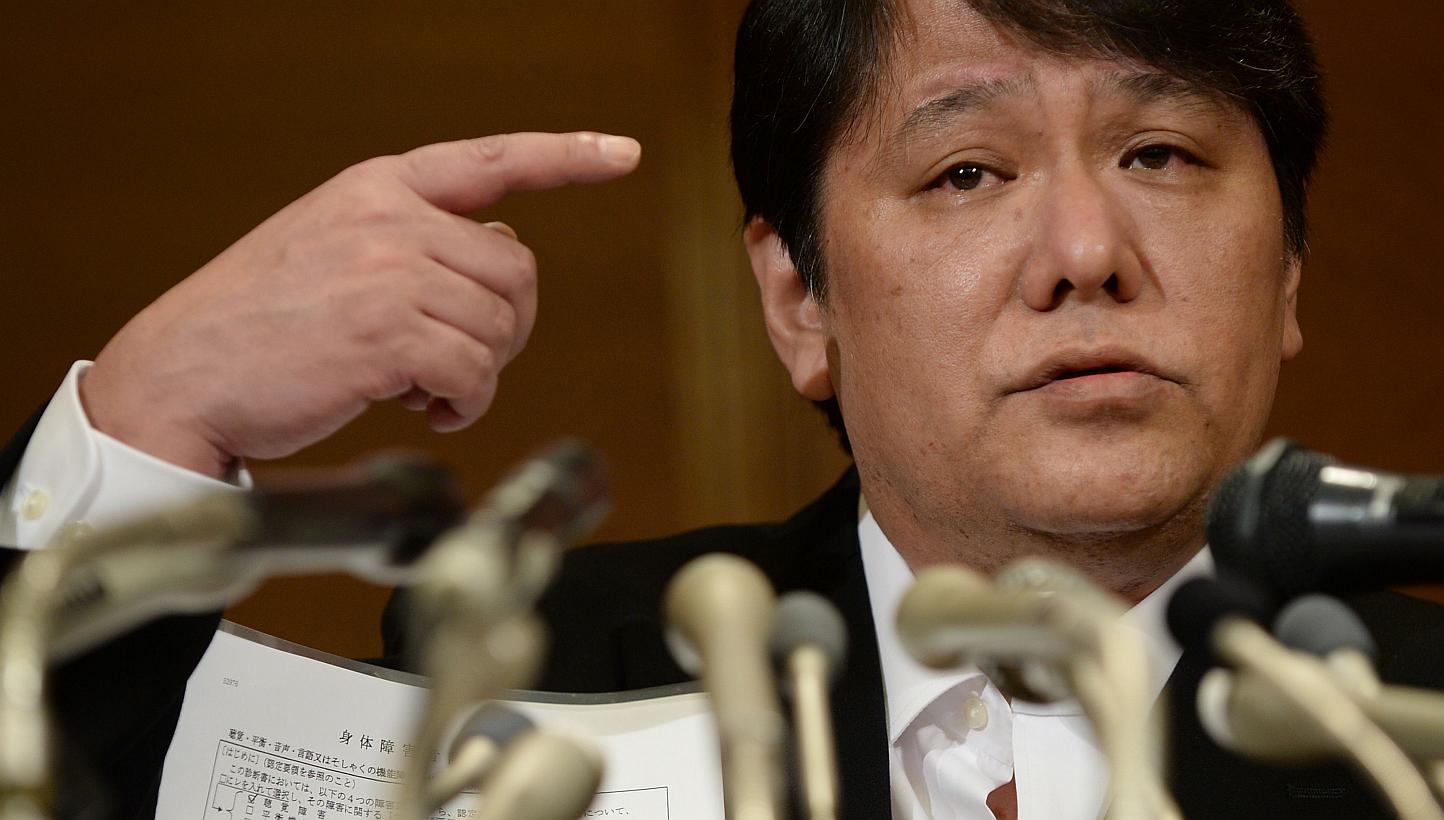 This file picture shows Mamoru Samuragochi, dubbed "Japan's Beethoven", at a press conference in Tokyo on March 7, 2014. He is set to star in a documentary film about his charade, a report says on Thursday. -- PHOTO: AFP 