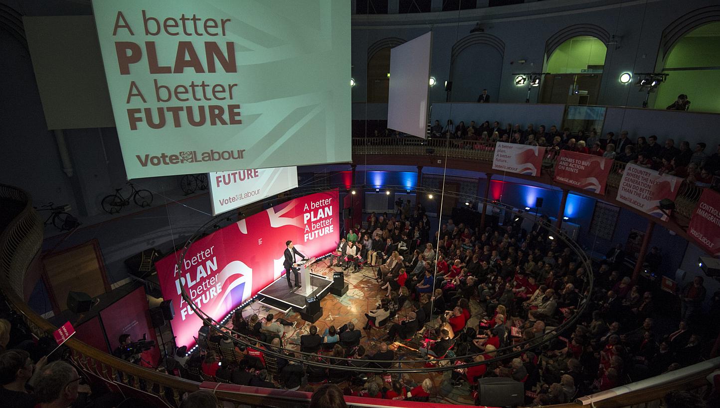 British leader of the Labour Party, Ed Miliband delivering a speech to supporters at the Leeds City Museum, in Leeds, Britain, on May 6, 2015. -- PHOTO: EPA