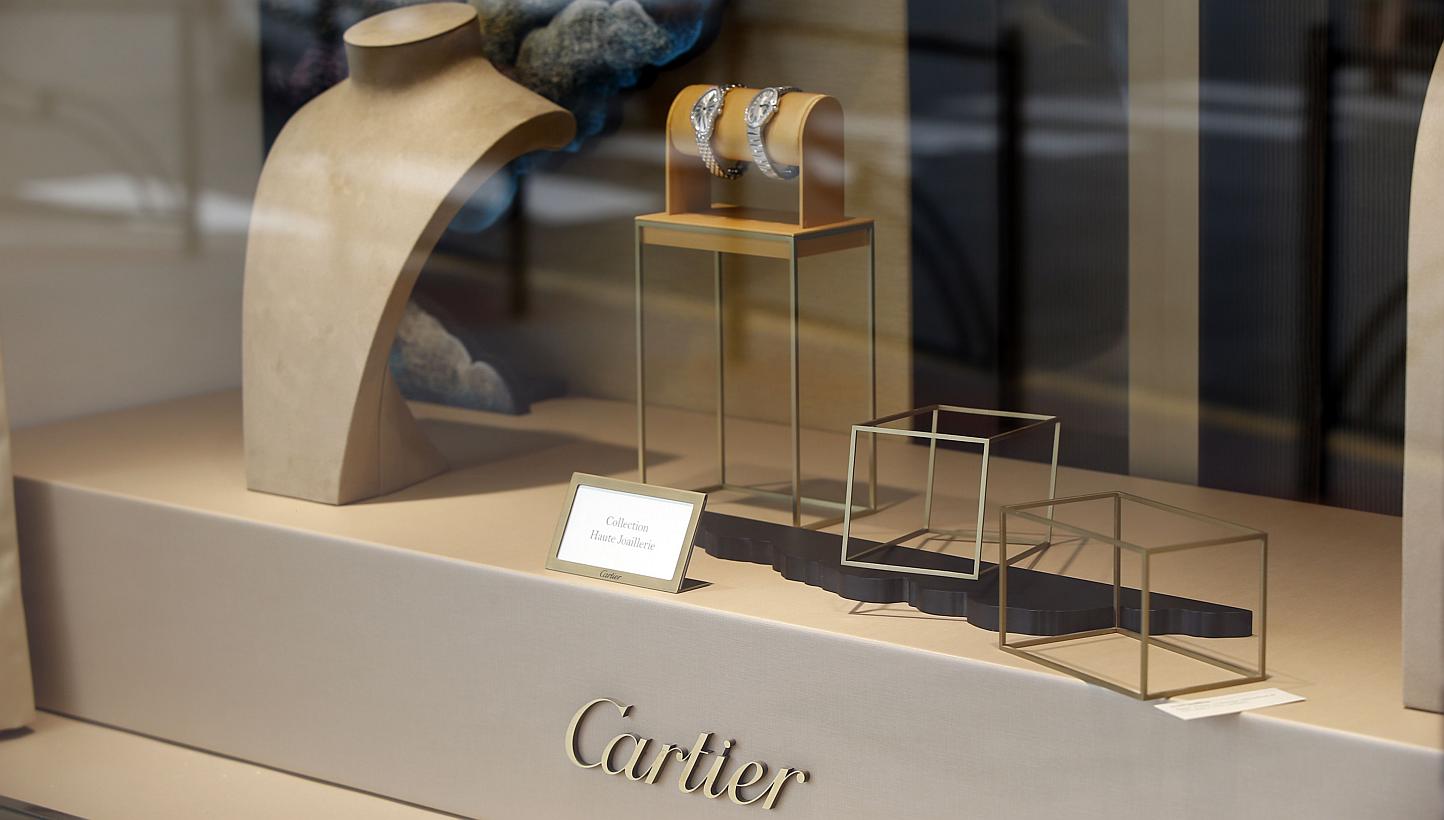 The Cartier jewellery shop window on the Croisette in Cannes, French Riviera, on May 5, 2015, after the hold up by four armed men who fled with a large amount of jewelry. -- PHOTO: AFP 