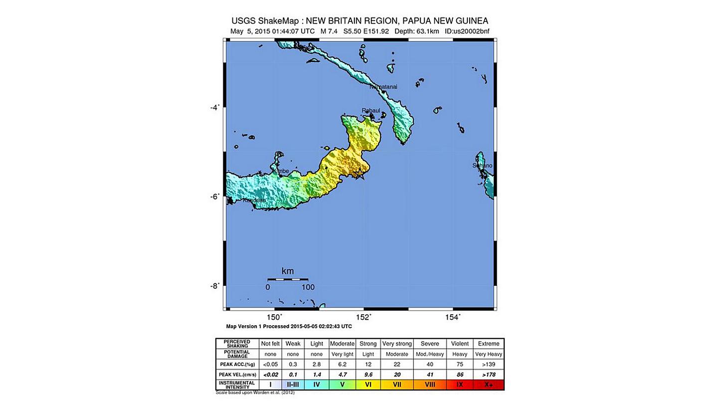 A shake map released by the US Geological Survey shows the location of a 7.4 magnitude earthquake 133km South-southwest of Kokopo, Papua New Guinea on May 5, 2015. -- PHOTO: EPA&nbsp;
