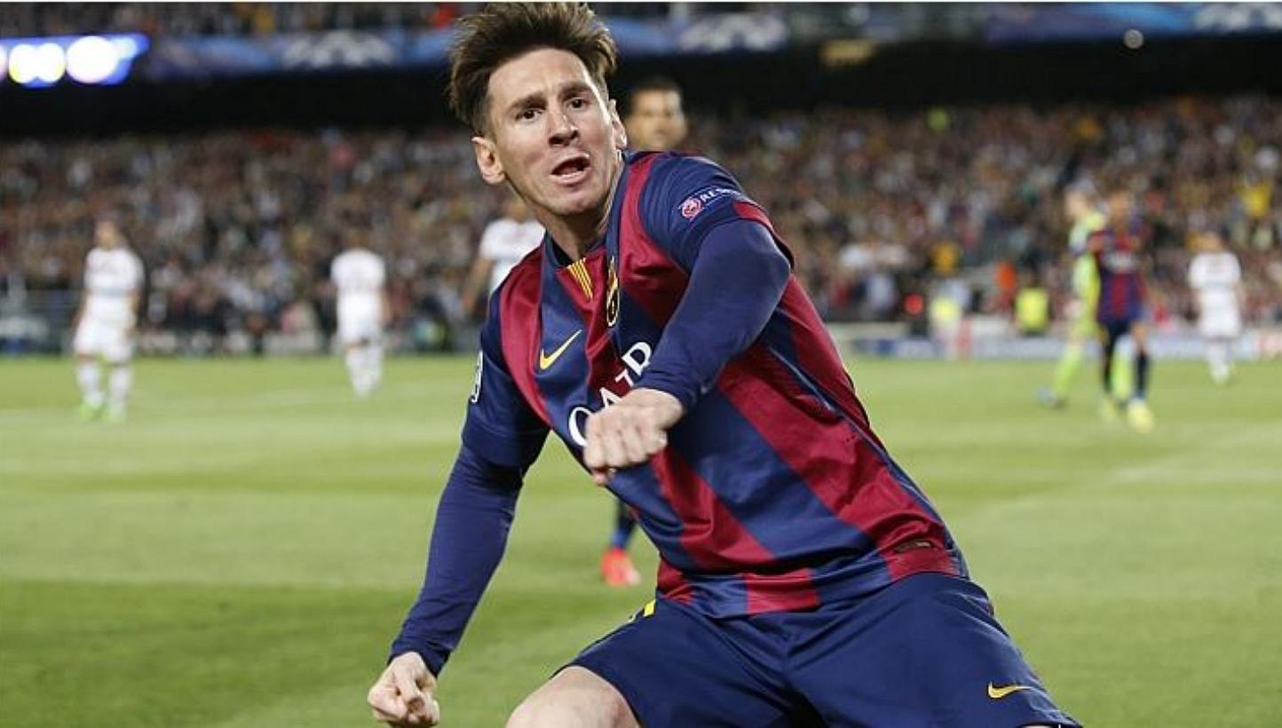 Barcelona's Lionel Messi celebrating after scoring his first of two goals against Bayern Munich. -- PHOTO: REUTERS