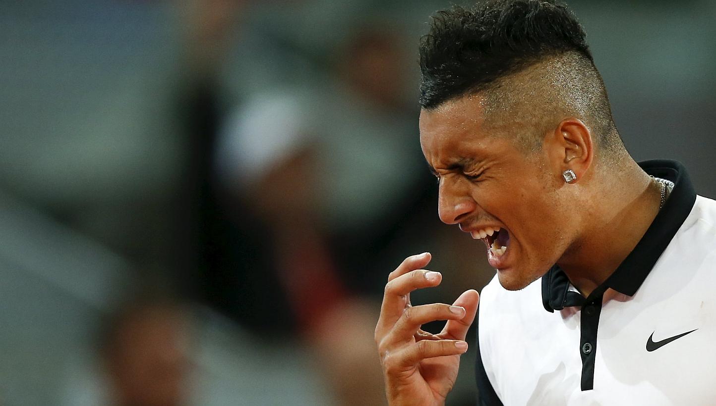 Nick Kyrgios of Australia reacts during his match against Roger Federer of Switzerland at the Madrid Open tennis tournament in Madrid. -- PHOTO: REUTERS
