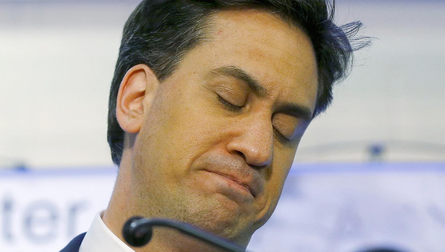 Britain's Labour Party leader Ed Miliband reacting to the results of the count of his seat in Doncaster, northern England, on May 8, 2015. -- PHOTO: REUTERS