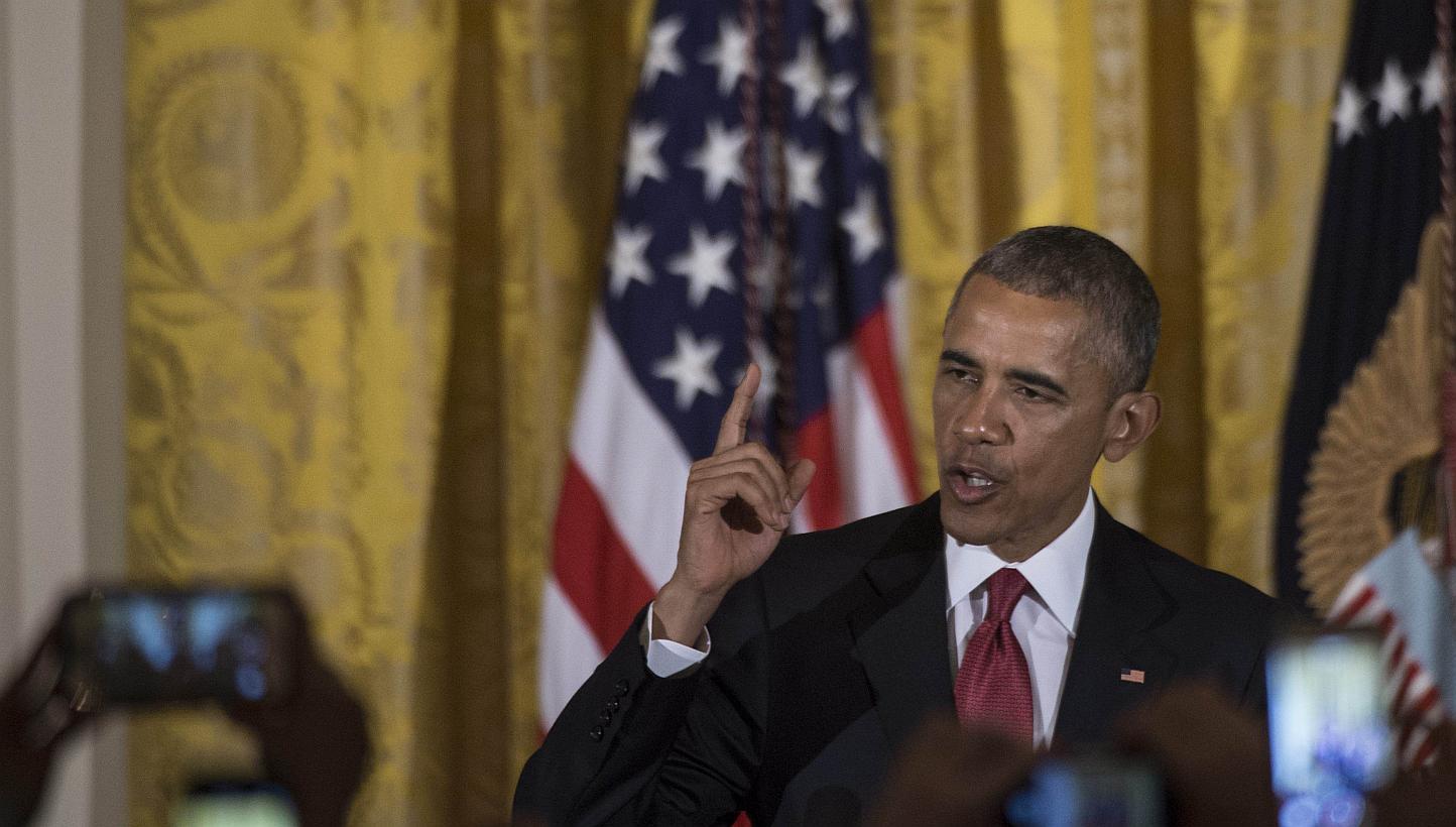 US President Barack Obama speaking at a Cinco de Mayo reception in the East Room of the White House in Washington on May 5, 2015. -- PHOTO: AFP
