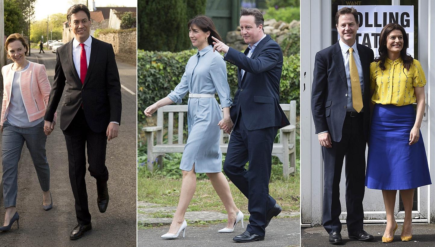 Left to right: Opposition Labour Party leader Ed Miliband and his wife Justine Thornton, leader of the Conservative Party David Cameron and his wife Samantha and leader of the Liberal Democrat party Nick Clegg and his wife Miriam Gonzalez Durantez vo