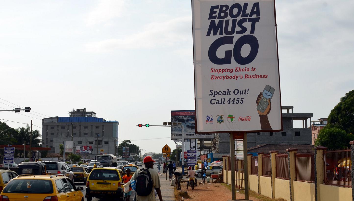 An ebola campaign banner with the new slogan "Ebola Must GO" in Monrovia. -- PHOTO: AFP