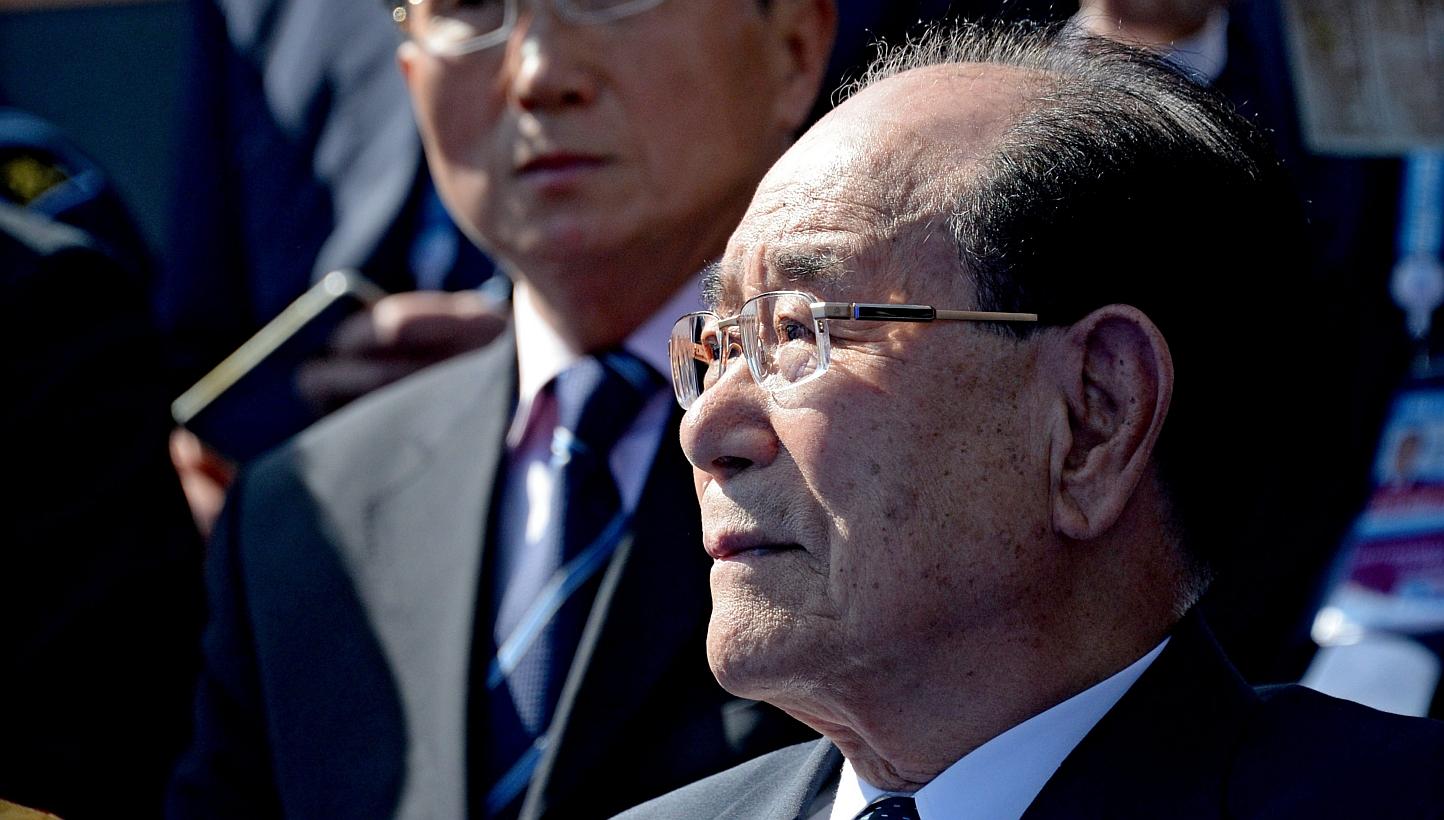 North Korean Chairman of the Presidium of the Supreme People's Assembly Kim Yong Nam (front) watches the Victory Day Parade in the Red Square in Moscow, Russia, on May 9, 2015. -- PHOTO: EPA&nbsp;