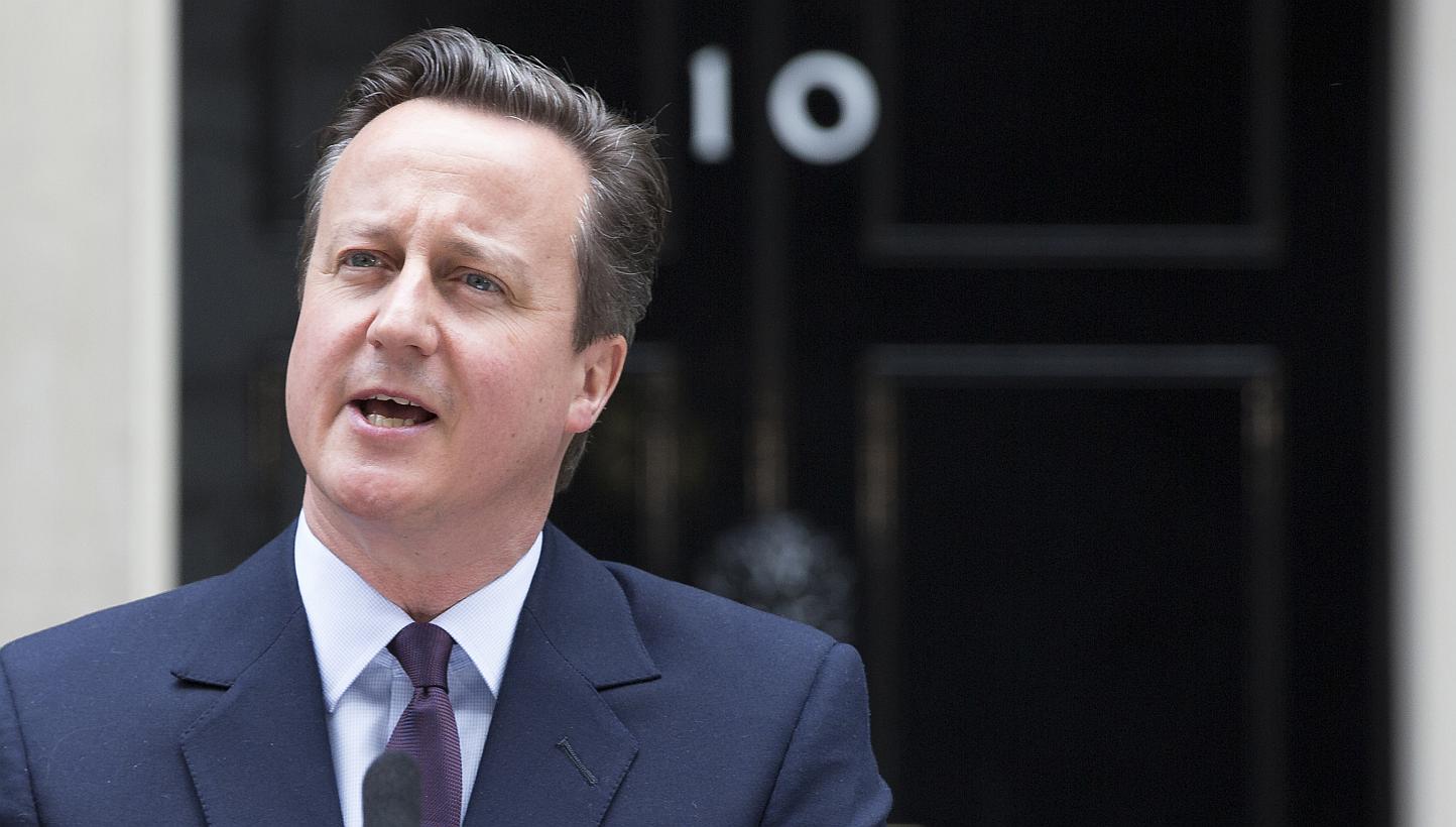 David Cameron, U.K. prime minister and leader of the Conservative Party, delivers his victory speech outside 10 Downing Street following the 2015 general election, in London, U.K., on Friday, May 8, 2015. -- PHOTO: BLOOMBERG