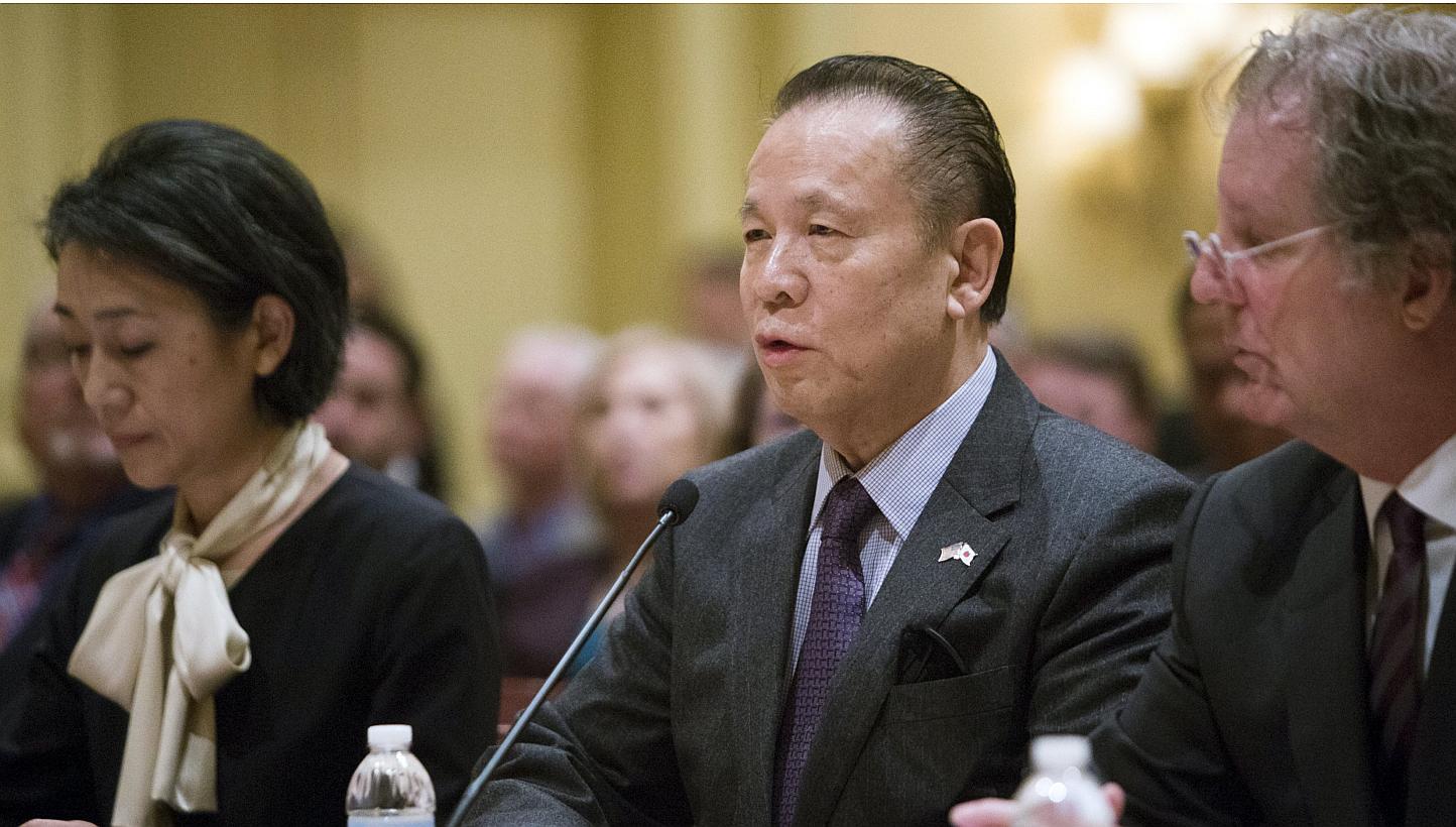 Japanese billionaire Kazuo Okada (centre) addressing the Mississippi Gaming Commission in Biloxi, Mississippi on March 19, 2015. -- PHOTO: REUTERS 