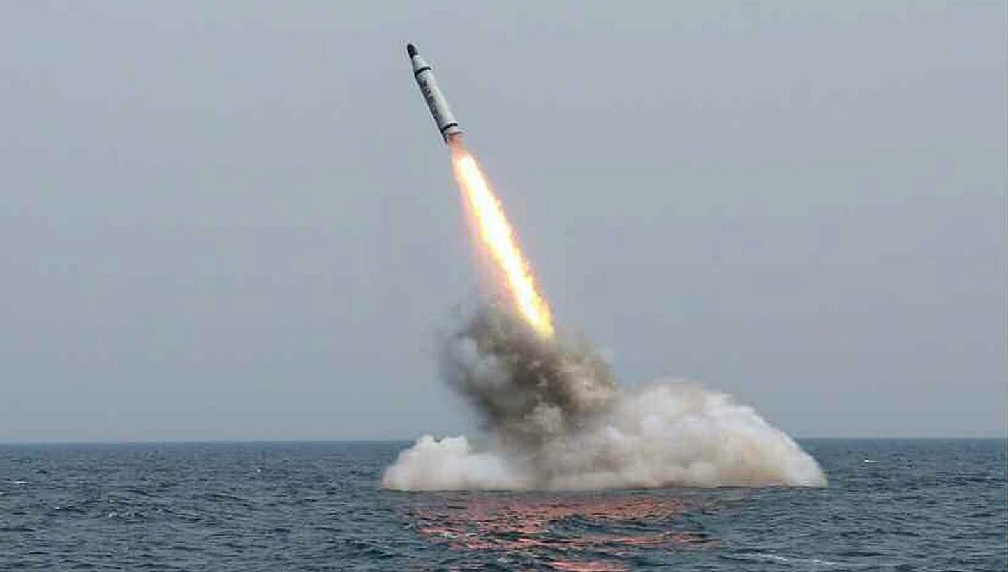 An image obtained by Yonhap News Agency show a ballistic missile believed to have been launched from underwater near Sinpo, on the northeast coast of North Korean on Saturday.-- PHOTO: EPA